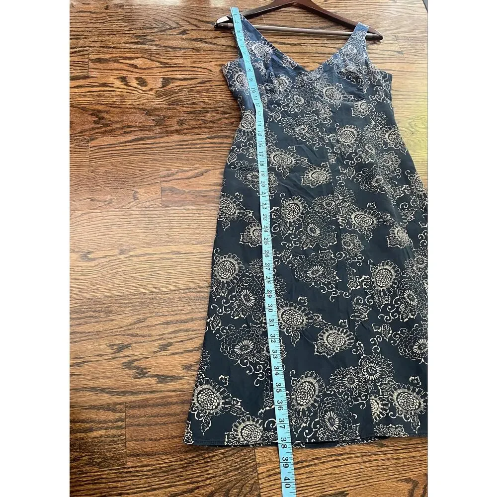 VTG J Crew 100% Silk Dress Blue Sunflower Floral Medallion Midi Slip 90s Sz. S